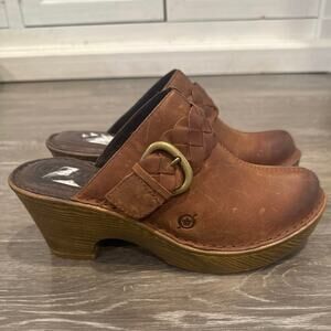 Born Mahal Mules Platform Clogs Heels Braided Leather Brown Buckle, Womens US 9M